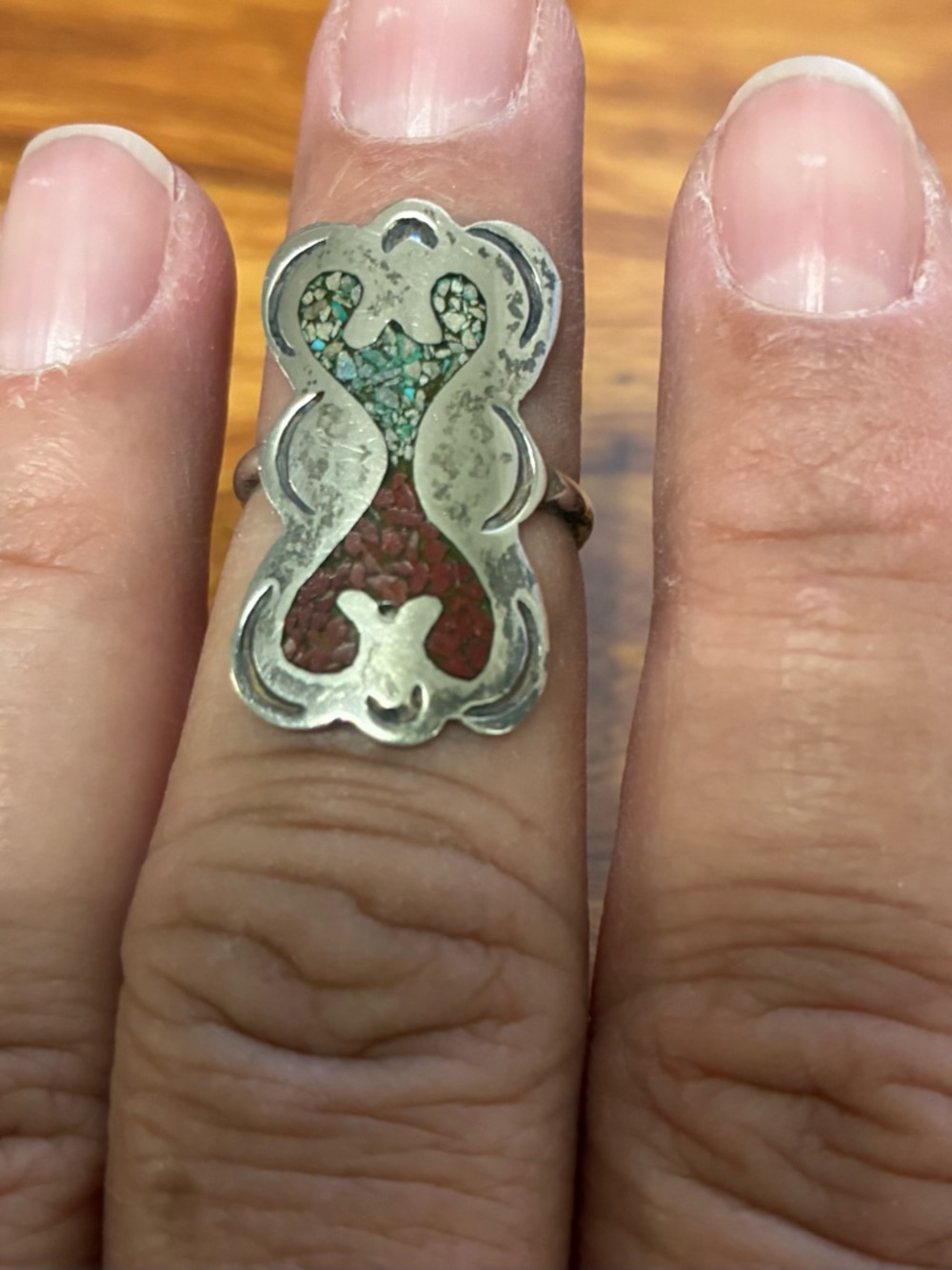 Vtg Native American Sterling Silver Turquoise & Coral Inlay ring size 6.5 - Picture 3 of 3
